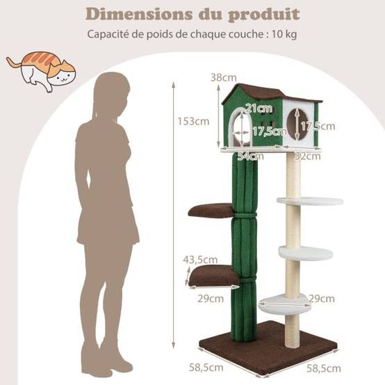 Arbre à chat de 153 cm avec 5 plateformes de saut rotative et condo tour de jeu pour chat avec dispositif anti-renversement vert - Image 7