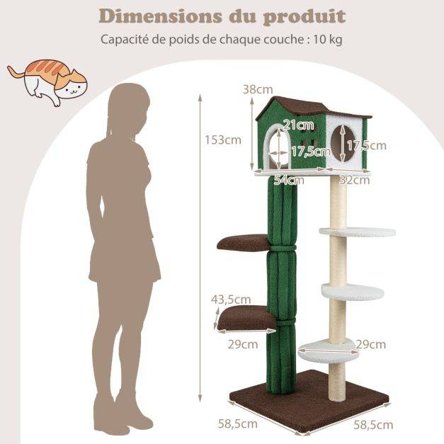 Arbre à chat de 153 cm avec 5 plateformes de saut rotative et condo tour de jeu pour chat avec dispositif anti-renversement vert - Image 7