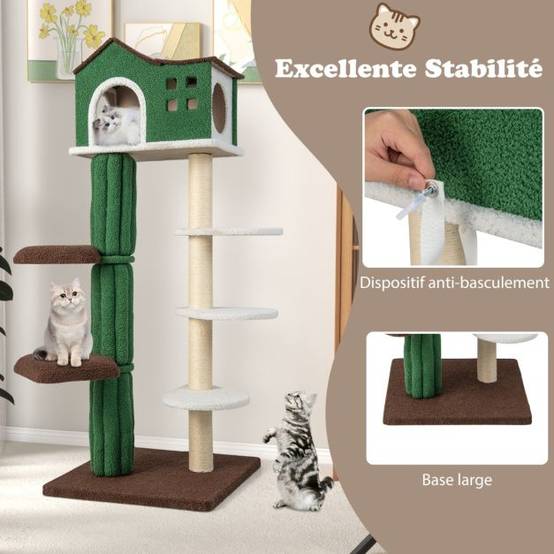 Arbre à chat de 153 cm avec 5 plateformes de saut rotative et condo tour de jeu pour chat avec dispositif anti-renversement vert - Image 5