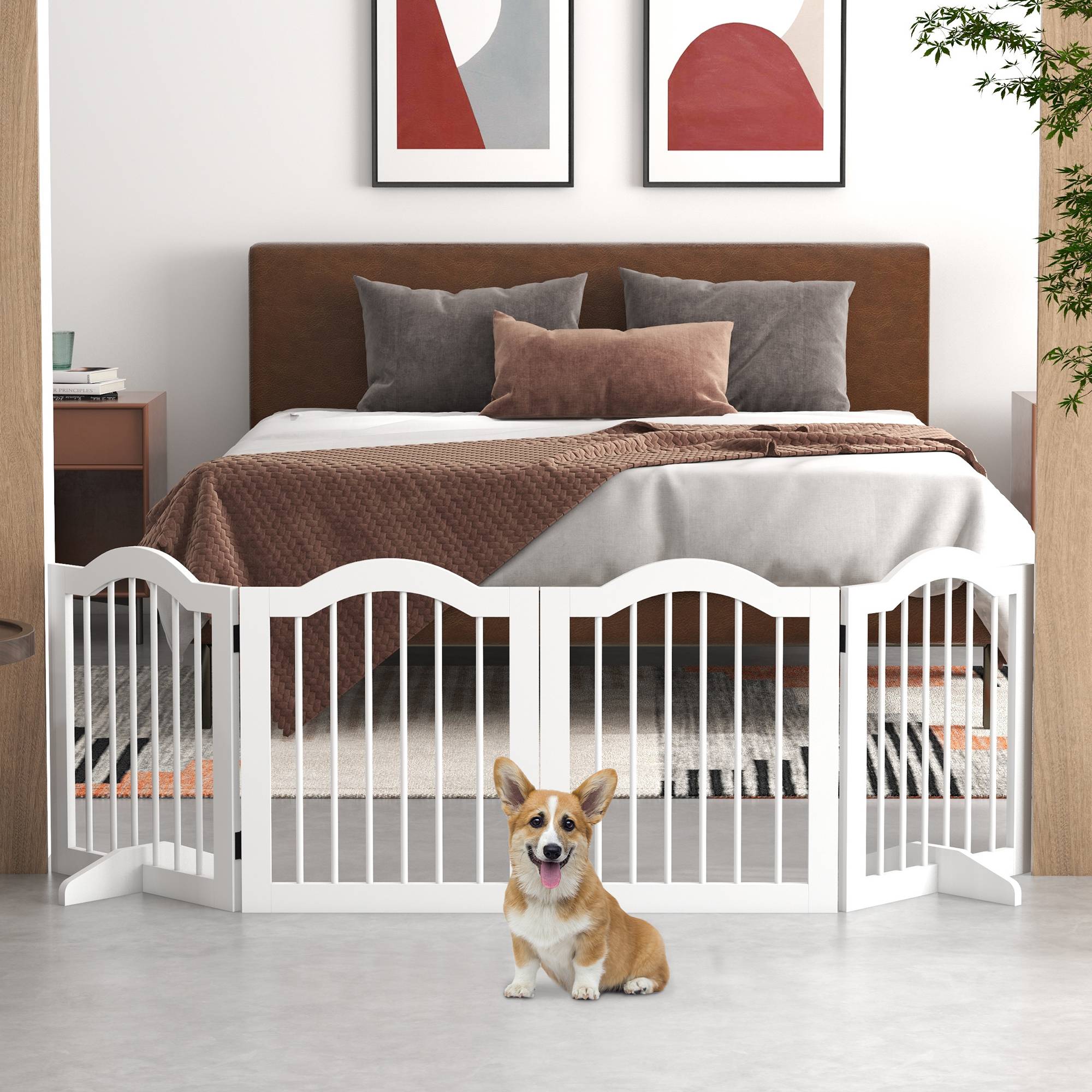 Sans Marque - Barrière pliante pour chien, 4 panneaux, pour escaliers, couloirs, portes, MDF/bois massif, blanc - Image 4