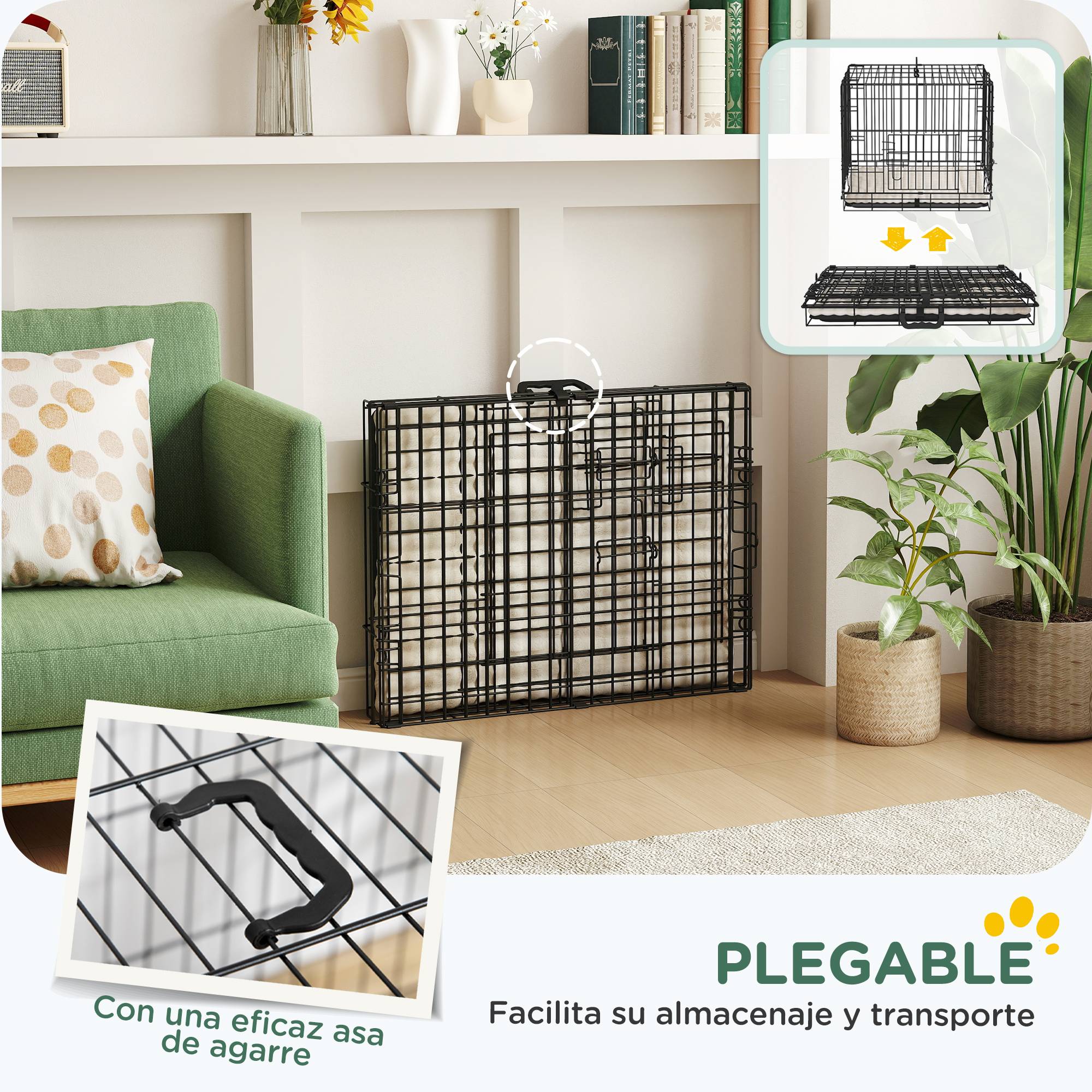 Cage pour chien pliable, coussin, portes, bac amovible, cadre métallique, 60x45x50 cm, noir beige - Image 9