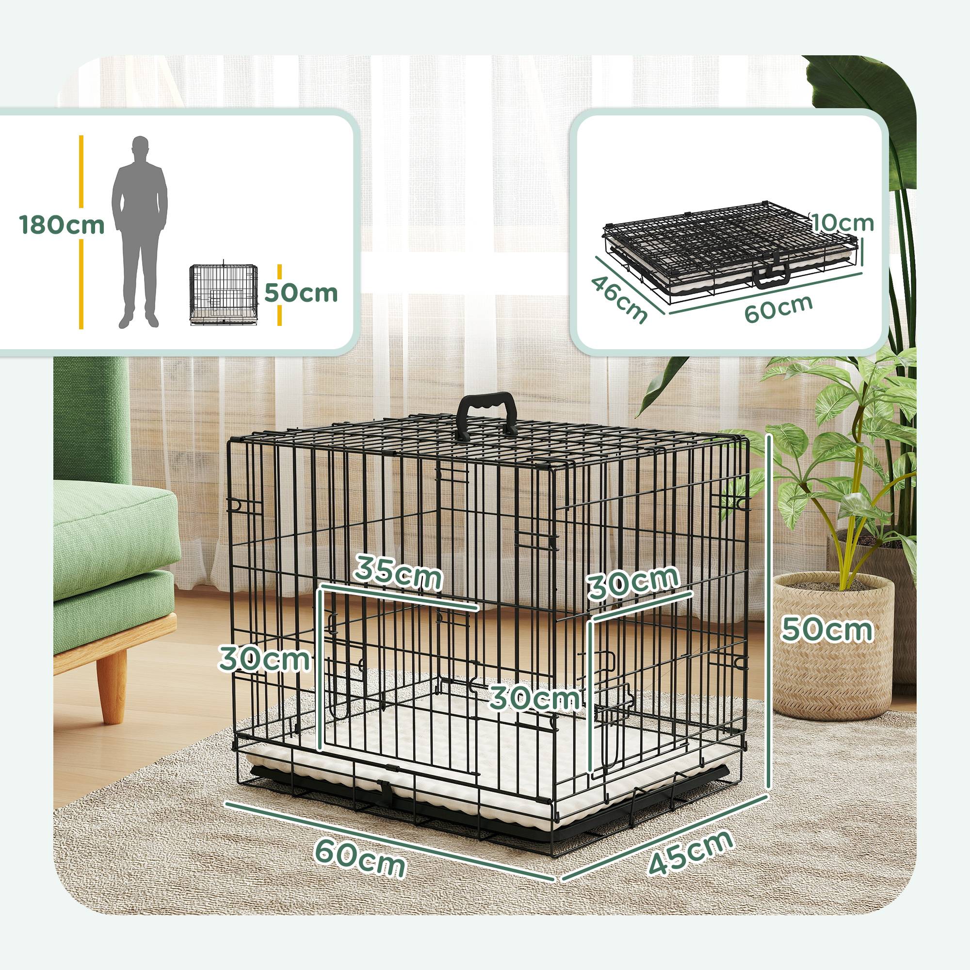 Cage pour chien pliable, coussin, portes, bac amovible, cadre métallique, 60x45x50 cm, noir beige - Image 5