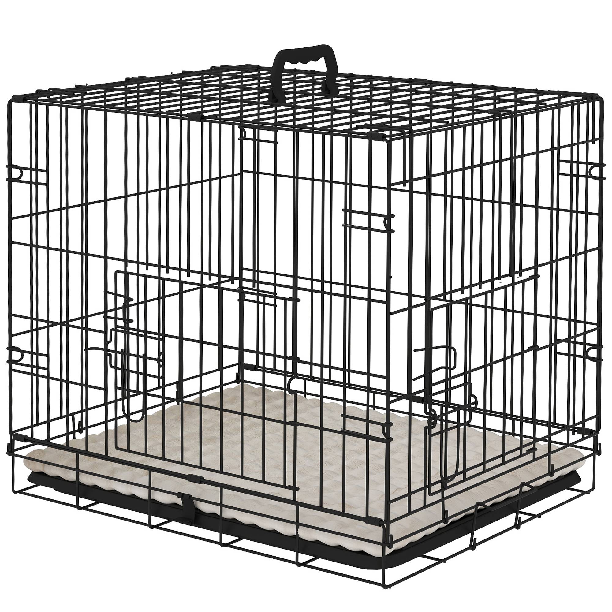 Cage pour chien pliable, coussin, portes, bac amovible, cadre métallique, 60x45x50 cm, noir beige - Image 2