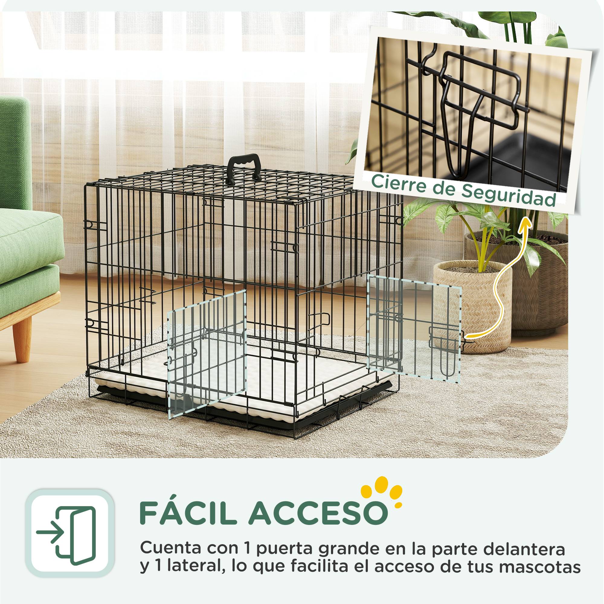 Cage pour chien pliable, coussin, portes, bac amovible, cadre métallique, 60x45x50 cm, noir beige - Image 7