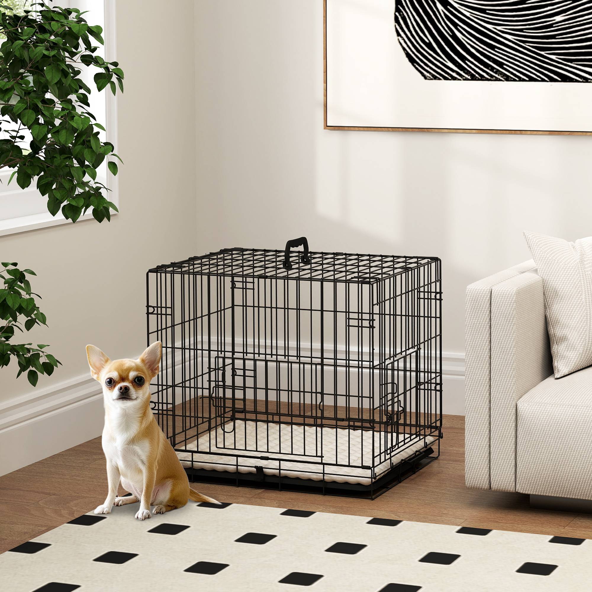 Cage pour chien pliable, coussin, portes, bac amovible, cadre métallique, 60x45x50 cm, noir beige - Image 4