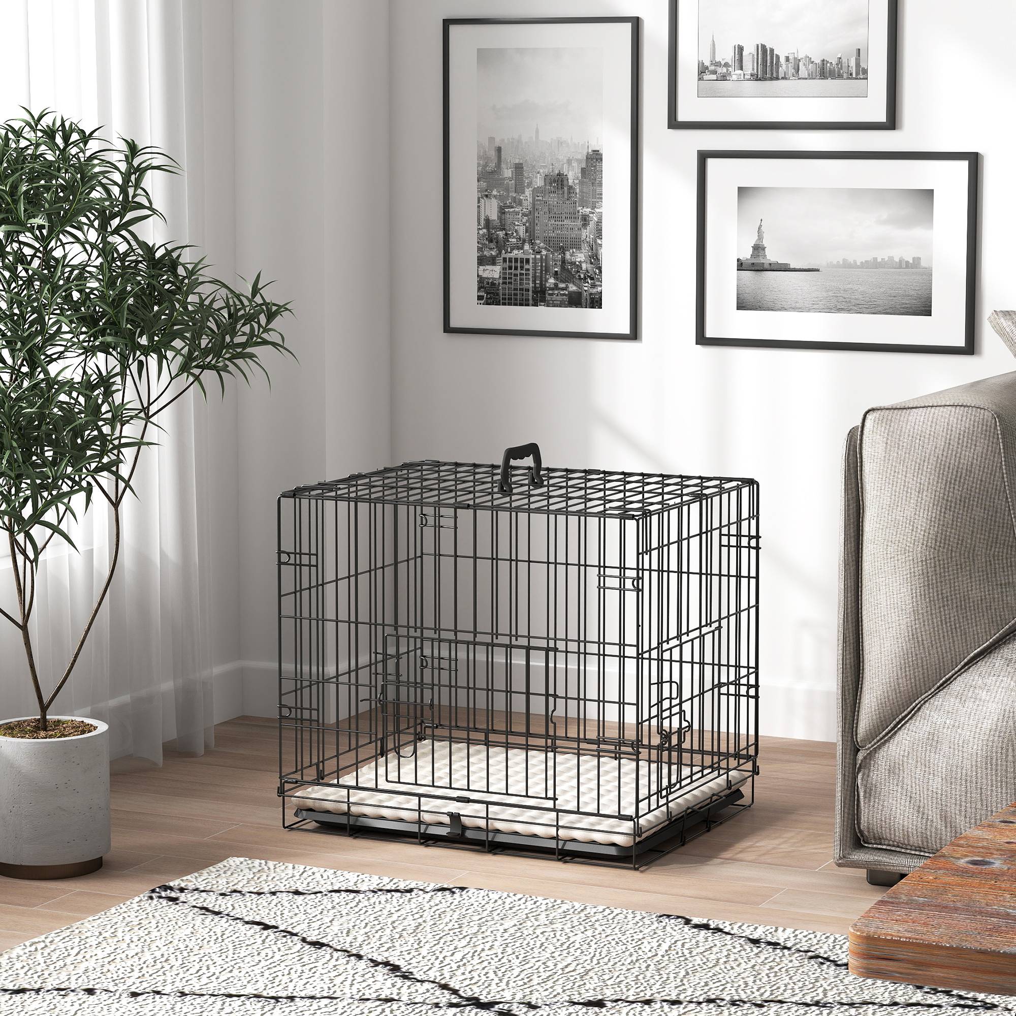 Cage pour chien pliable, coussin, portes, bac amovible, cadre métallique, 60x45x50 cm, noir beige - Image 10