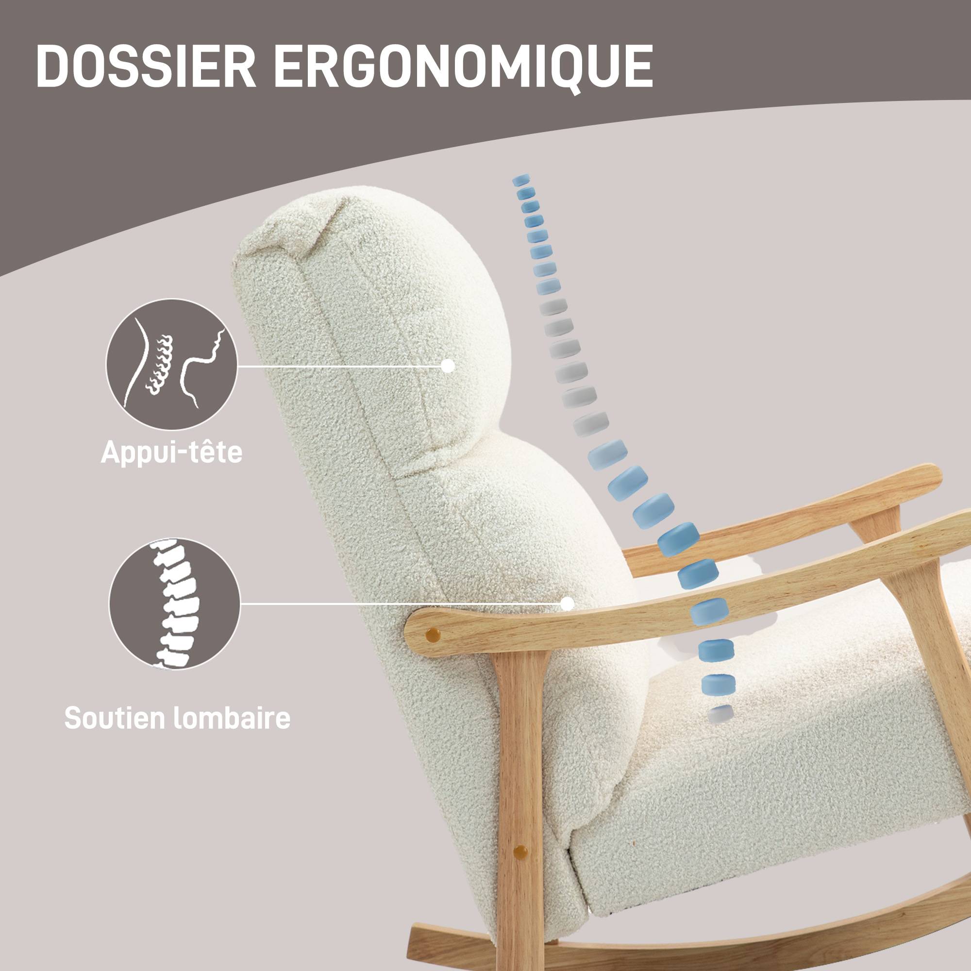 Sans Marque - Fauteuil à bascule, rocking chair en velours teddy avec assise rembourré, dossier ergonomique, 65 x 90 x 98 cm, crème - Image 7