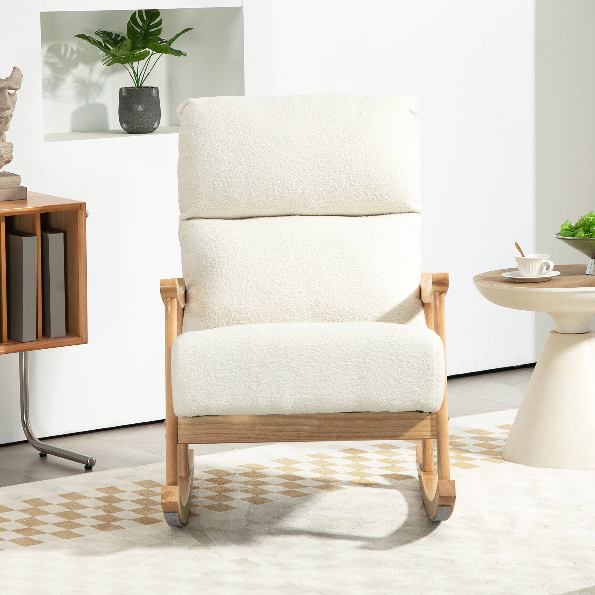 Sans Marque - Fauteuil à bascule, rocking chair en velours teddy avec assise rembourré, dossier ergonomique, 65 x 90 x 98 cm, crème - Image 10