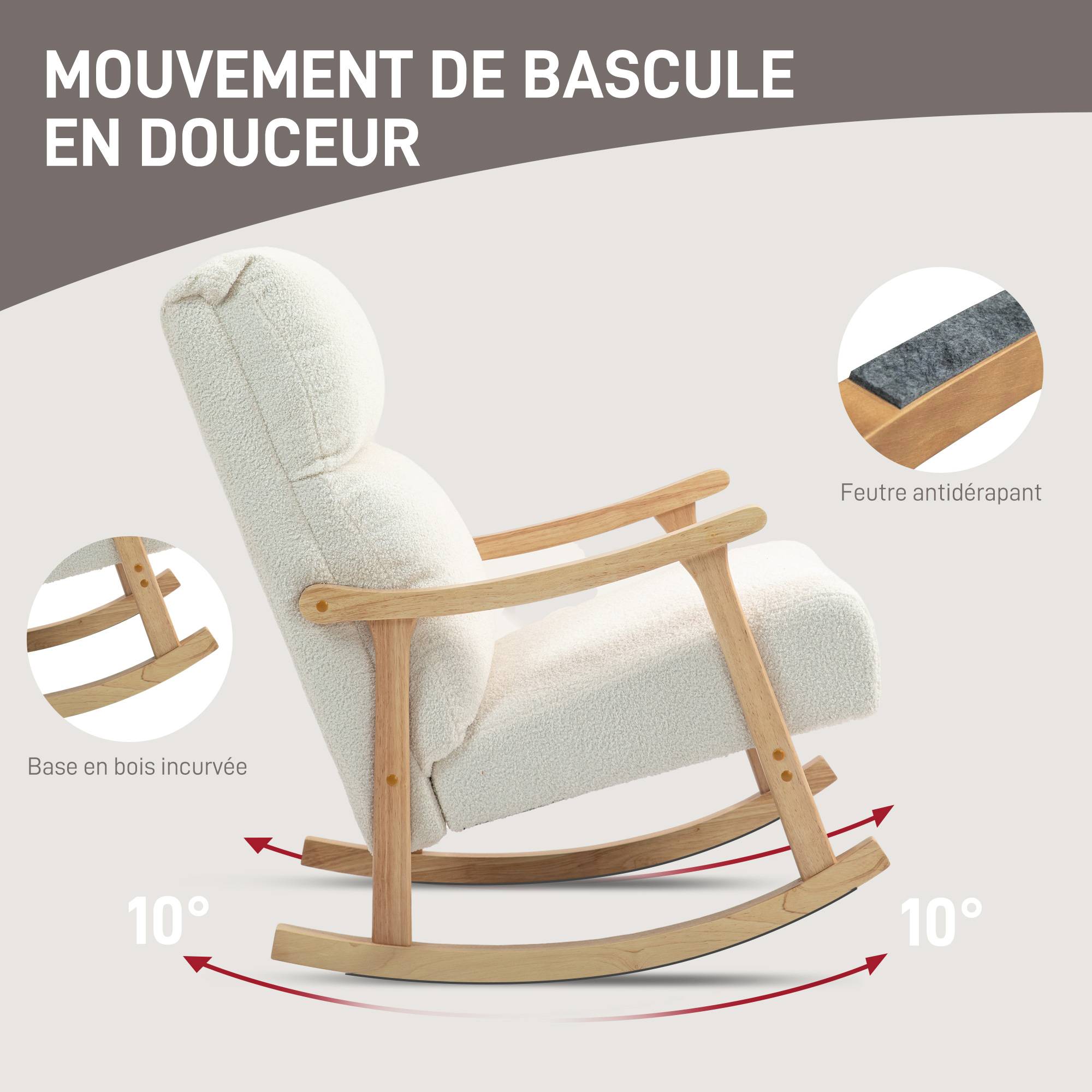 Sans Marque - Fauteuil à bascule, rocking chair en velours teddy avec assise rembourré, dossier ergonomique, 65 x 90 x 98 cm, crème - Image 6