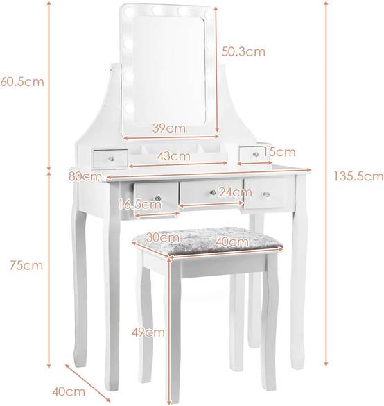 Juskys Coiffeuse Bella avec Miroir LED, Tabouret, Tiror & 4 Étagères de Juskys Coiffeuse Bella avec Miroir LED, Tabouret, Tiror & 4 Étagères de