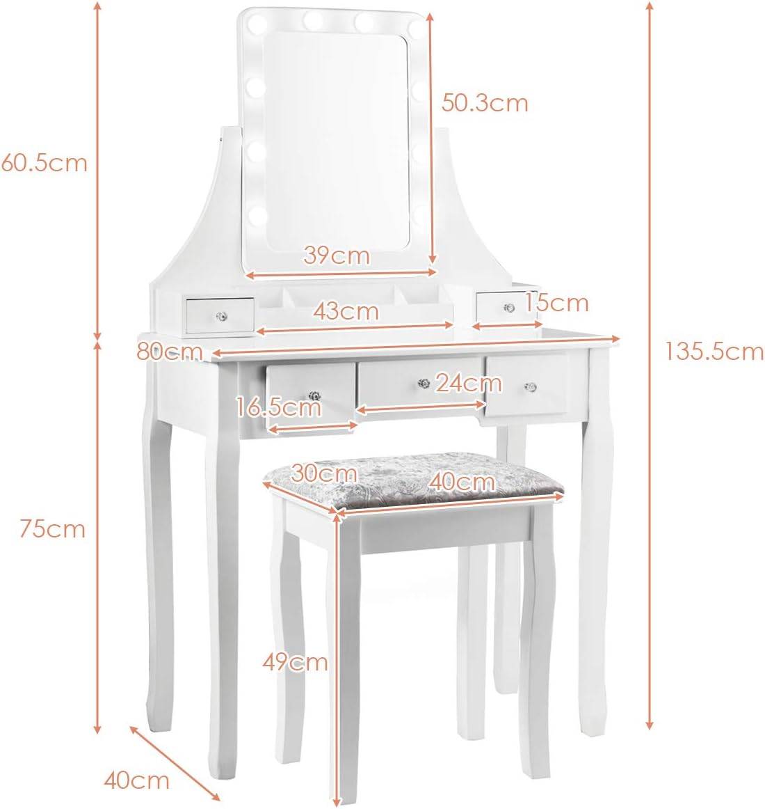 Juskys Coiffeuse Bella avec Miroir LED, Tabouret, Tiror & 4 Étagères de