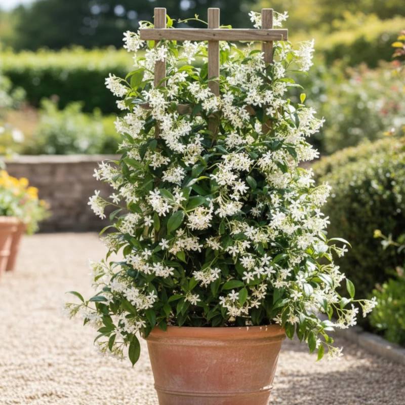 Jasmin étoilé, Jasmin persistant blanc, Trachelospermum à fleurs Blanche - feuillage Persistant - Pot de 10L - 200/300 cm sur ficelle-  hauteur à matu - Image 3