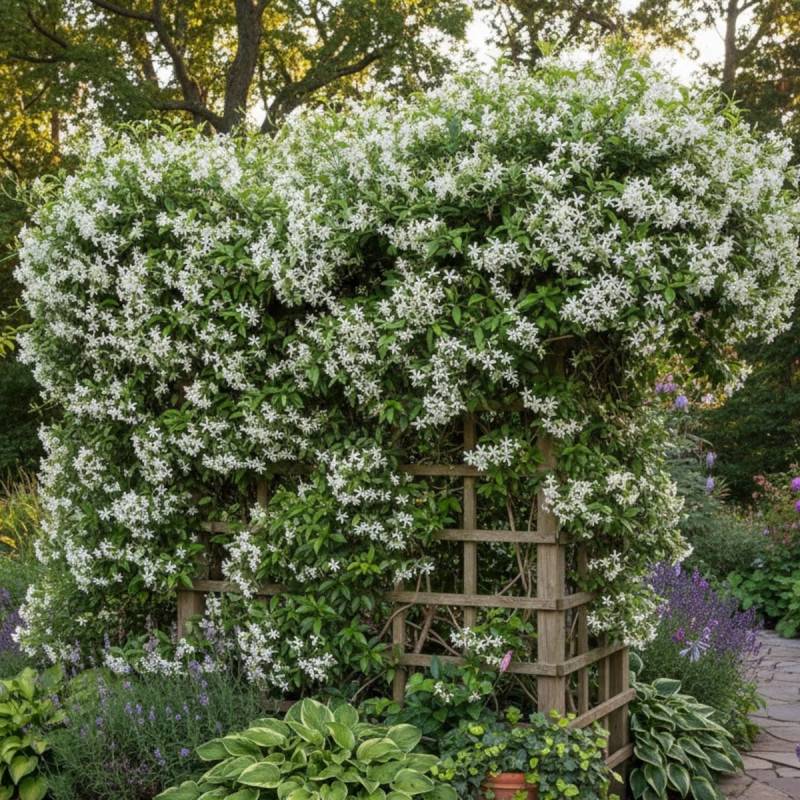 Jasmin étoilé, Jasmin persistant blanc, Trachelospermum à fleurs Blanche - feuillage Persistant - Pot de 10L - 200/300 cm sur ficelle-  hauteur à matu - Image 5