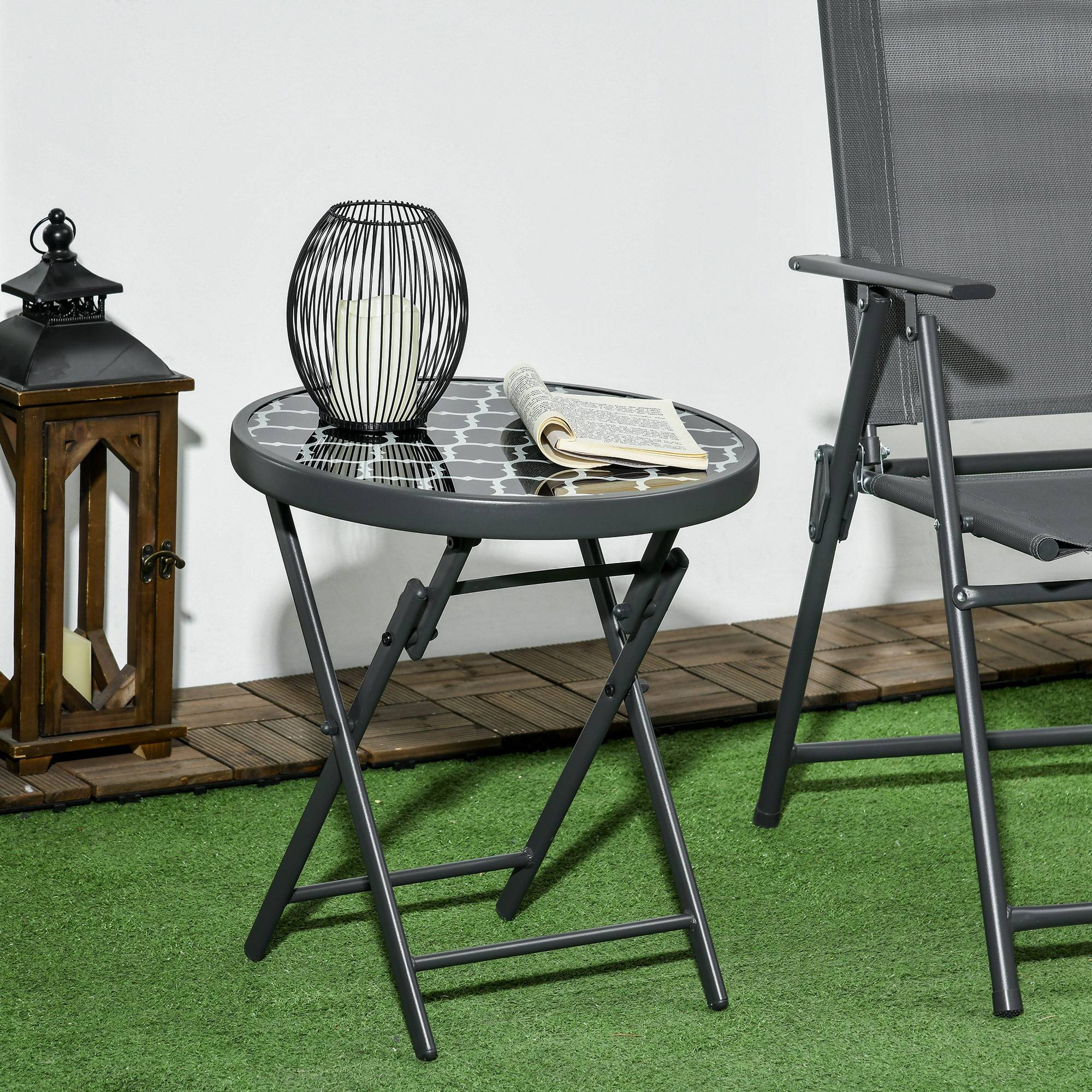ComfortXL - Table pliante de jardin métal noir Ø45 cm pour balcon camping plateau verre sécurisé - ComfortXL Outdoor Living - Image 3