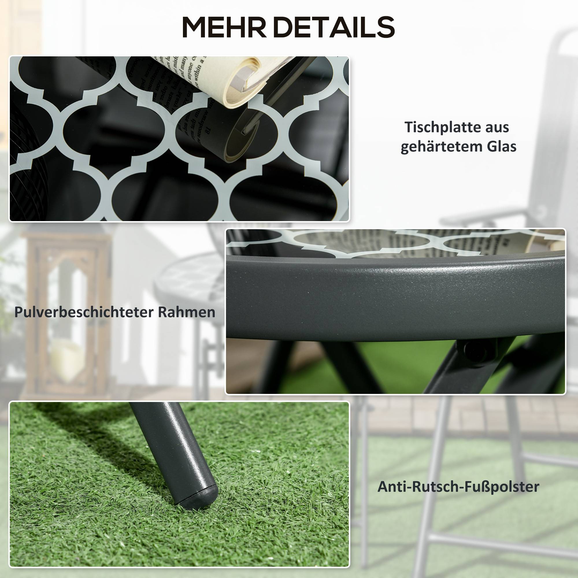 ComfortXL - Table pliante de jardin métal noir Ø45 cm pour balcon camping plateau verre sécurisé - ComfortXL Outdoor Living - Image 9