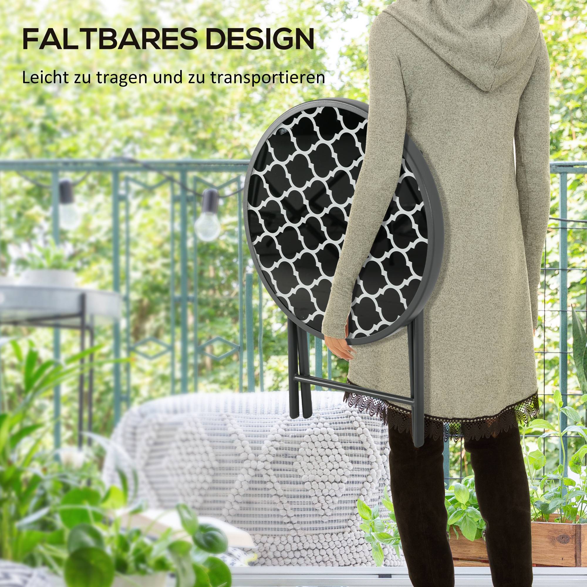 ComfortXL - Table pliante de jardin métal noir Ø45 cm pour balcon camping plateau verre sécurisé - ComfortXL Outdoor Living - Image 6