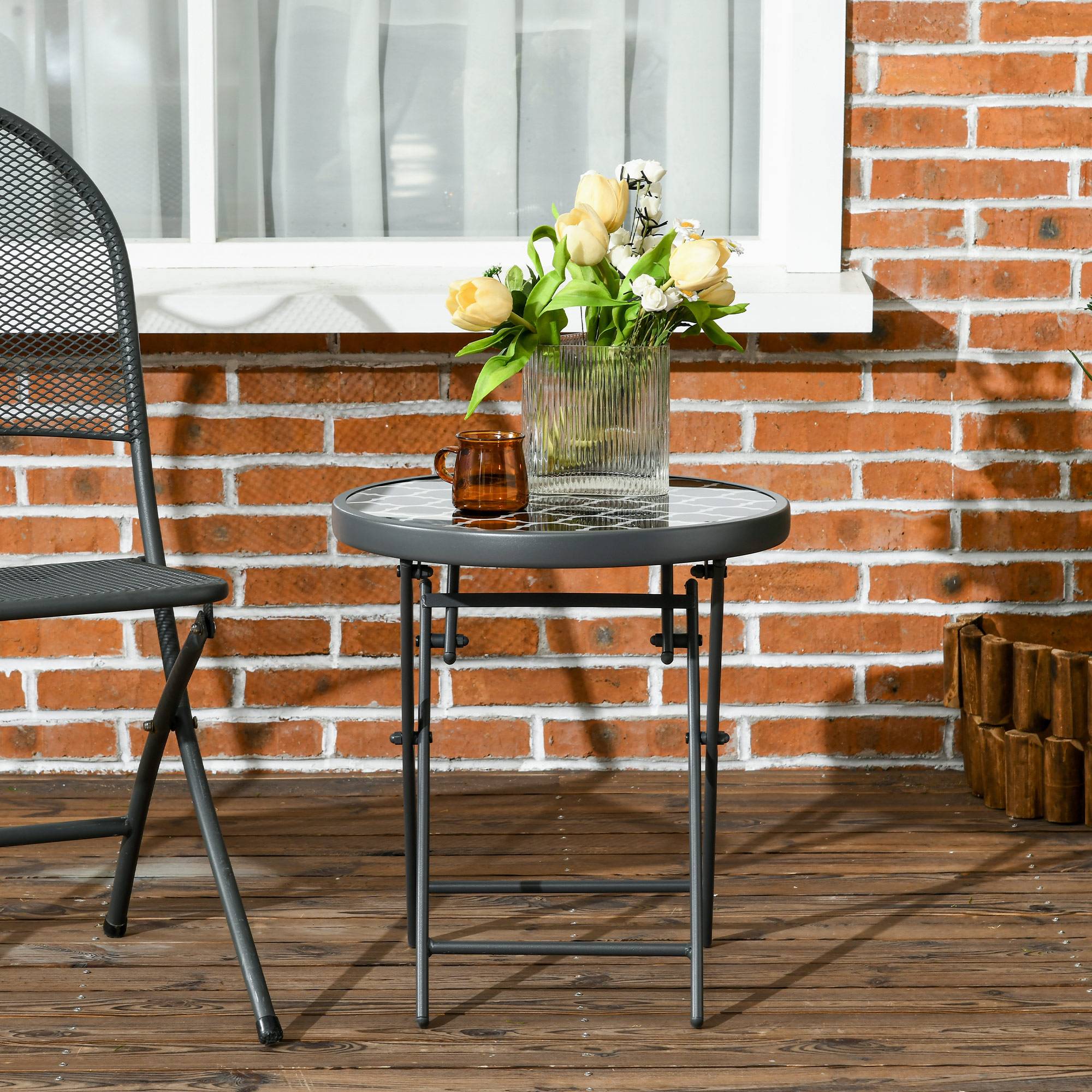 ComfortXL - Table pliante de jardin métal noir Ø45 cm pour balcon camping plateau verre sécurisé - ComfortXL Outdoor Living - Image 4