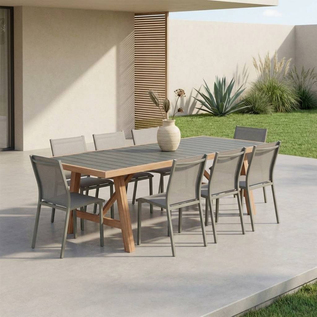 Table de jardin bois d'acacia et aluminium + 8 assises kaki - Eldora + Buffalo | sweeek - Image 1