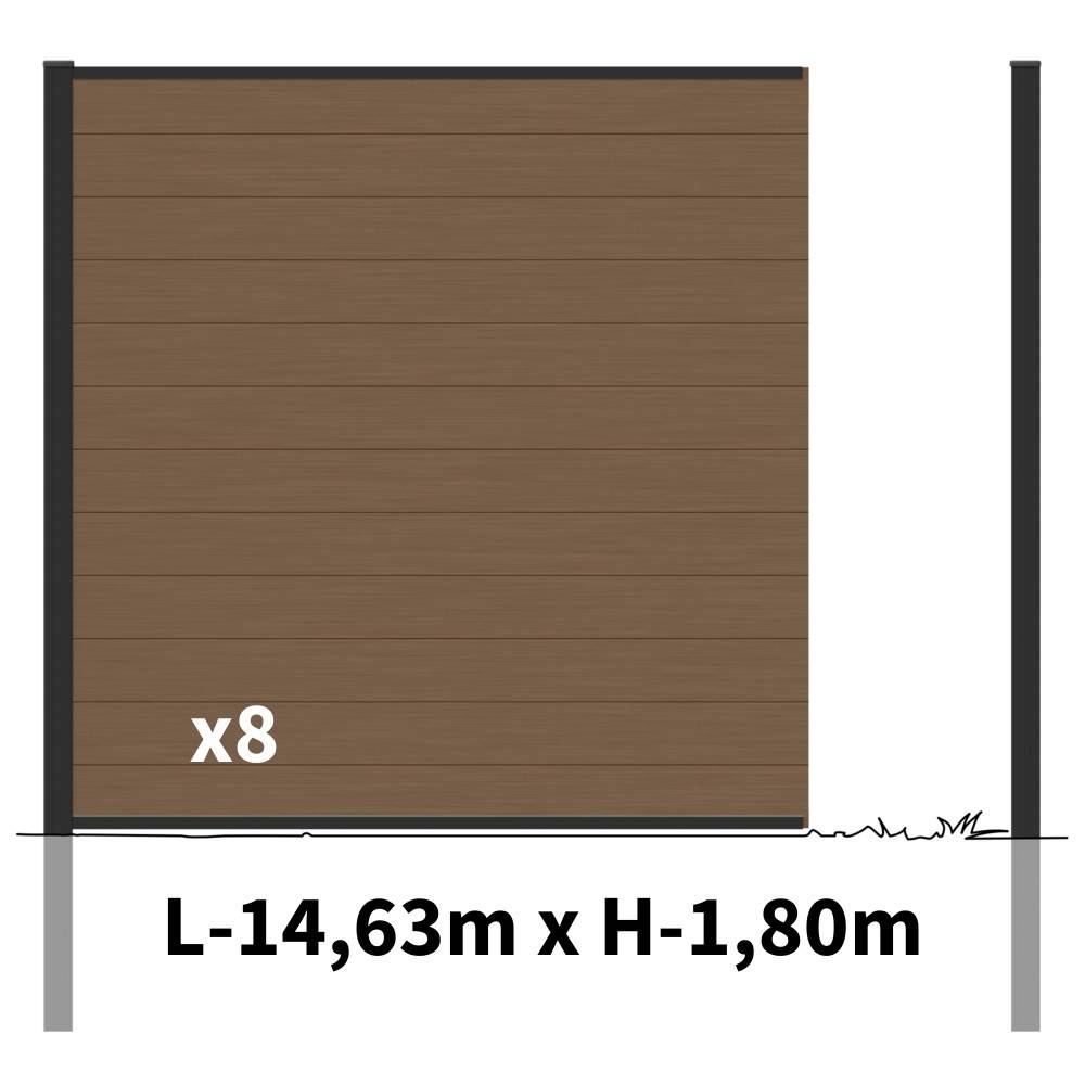 Kit Clôture Bois Composite Bronze 14,5x1,8m RIO - Poteaux en Aluminium Noir - Brise Vue - Palissade - Image 2