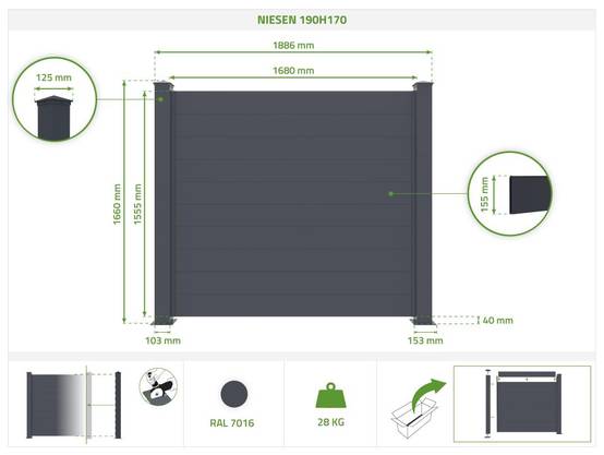 Casanoov Lot de 10 panneaux de clôture aluminium NIESEN H.170 cm - Kit complet 19m - Image 2