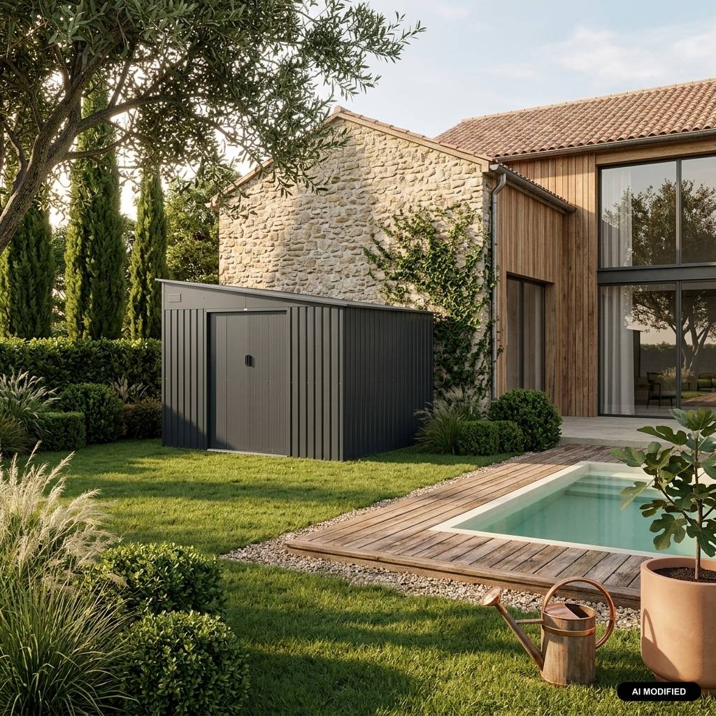 sweeek - Abri de jardin adossable acier 8.96m² avec kit d'ancrage anthracite L 277.5 x l 322 x H 203 cm - Ornay | sweeek - Image 1
