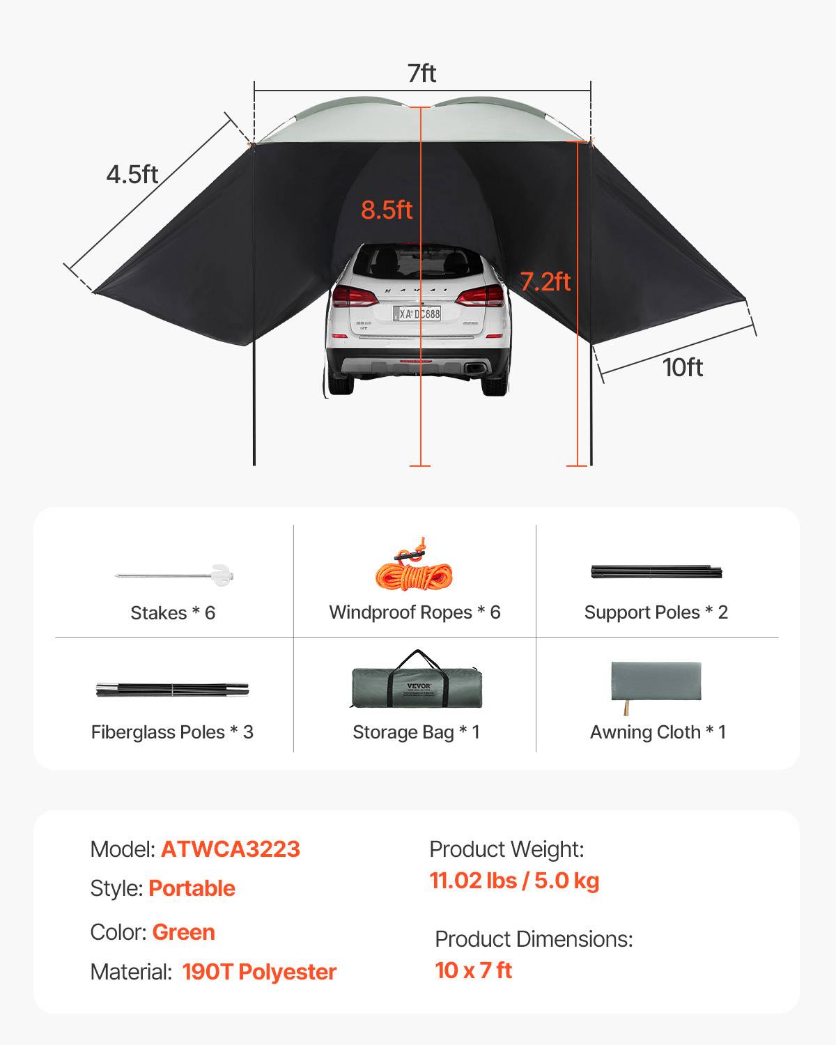 VEVOR Auvent voiture 3x2.1m PU2000 résistant intempéries avec sac. Pour SUV, fourgonnettes, camping-cars. - Image 7