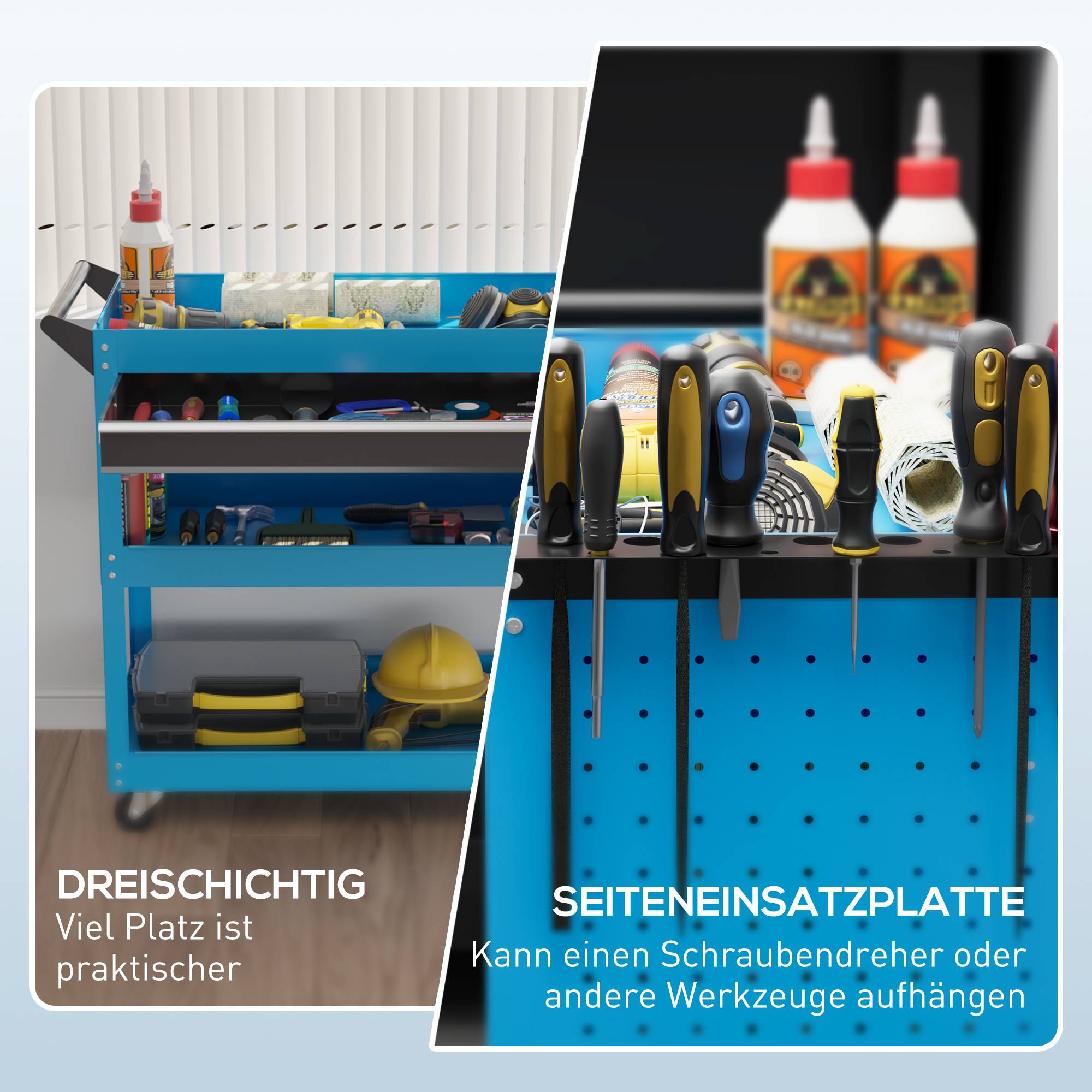 Sans Marque - Valise à outils chariot à outils boîte à outils, 3 niveaux, 4 roulettes, 82 cm x 35 cm x 76 cm, bleu - Image 7