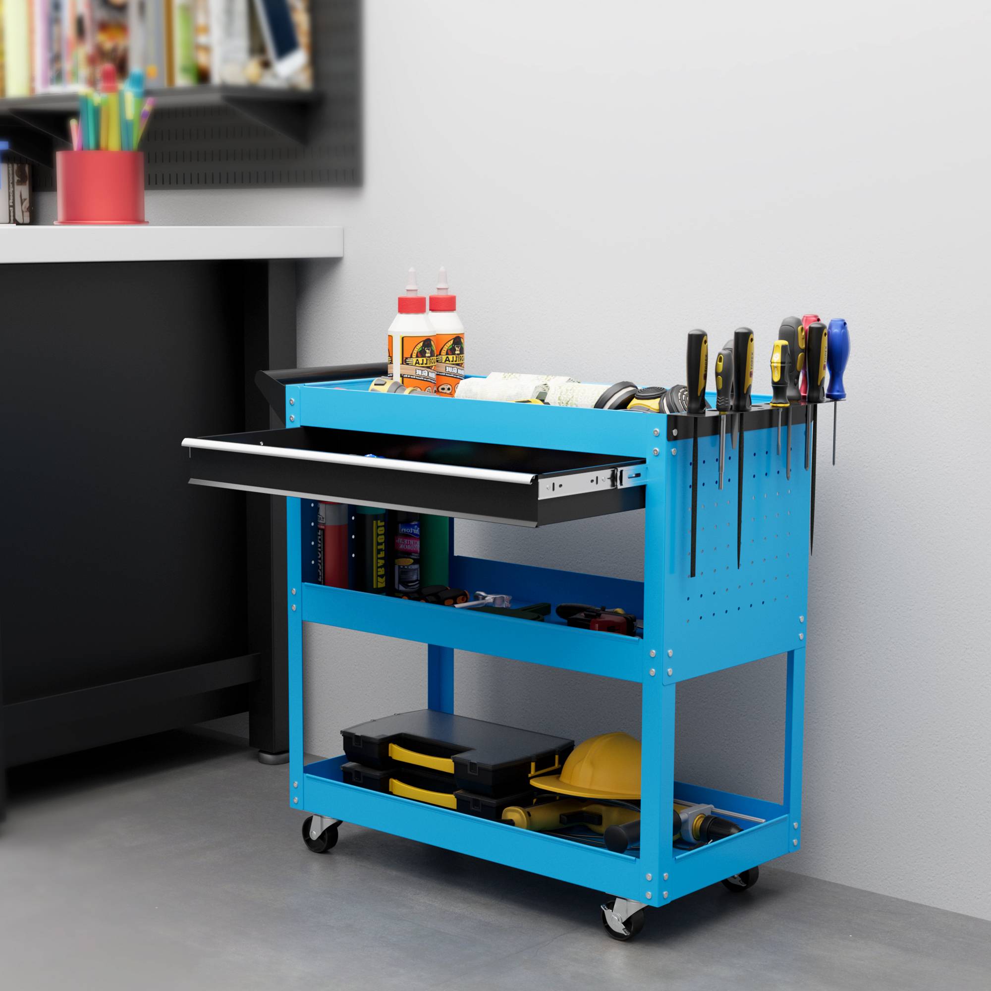 Sans Marque - Valise à outils chariot à outils boîte à outils, 3 niveaux, 4 roulettes, 82 cm x 35 cm x 76 cm, bleu - Image 3