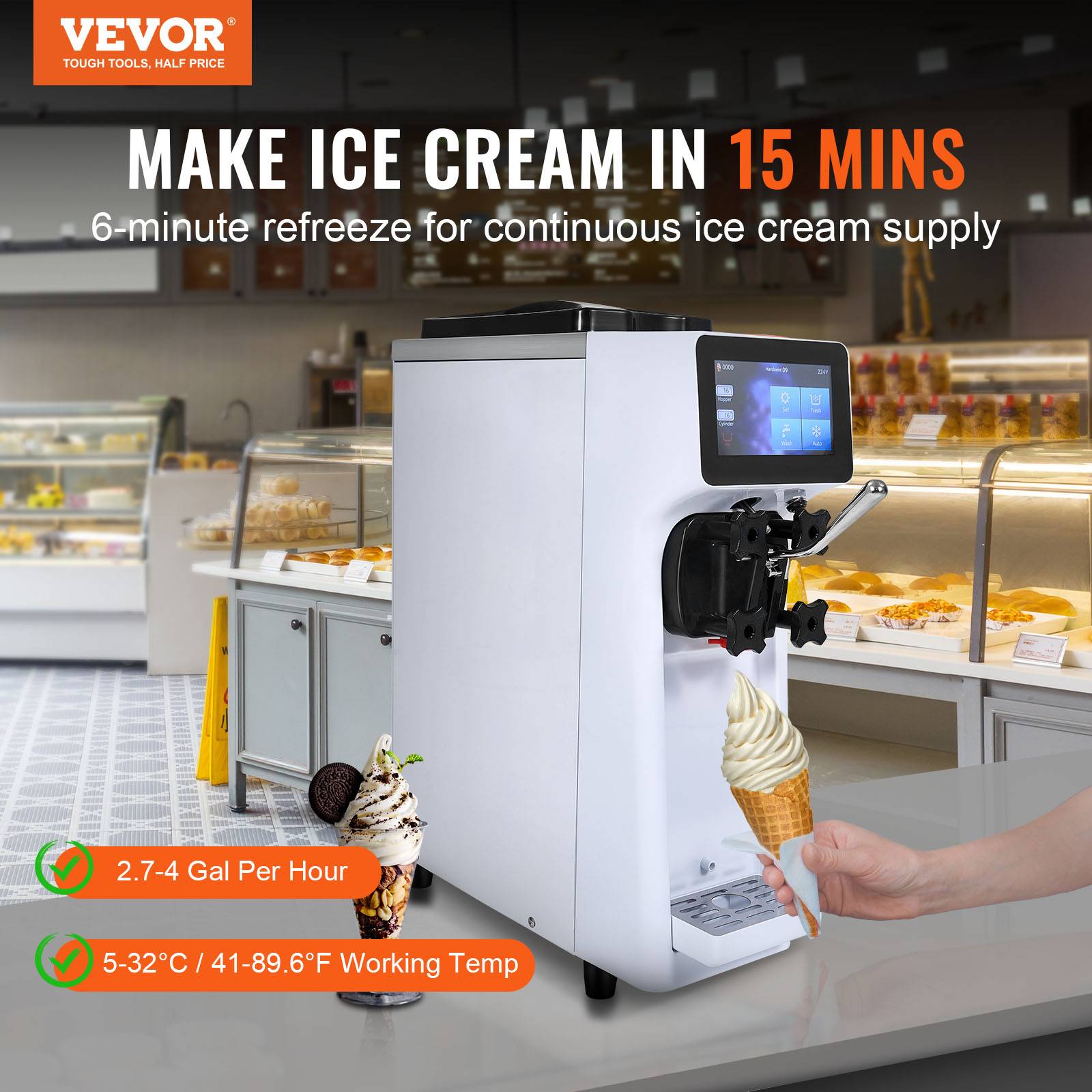 VEVOR Machine à glace italienne 10 L/h 900W, 1 saveur, trémie inox 4L, pré-refroidissement auto, écran tactile. - Image 2