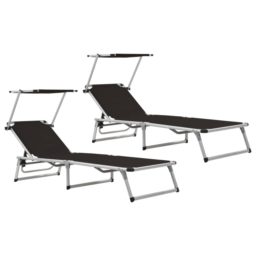 Helloshop26 - Chaises longues pliables et toit 2 pièces aluminium textilène noir - Image 1