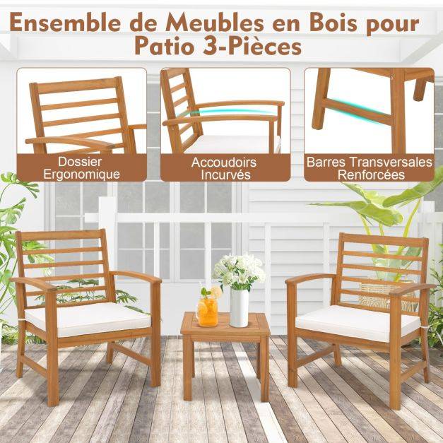 Helloshop26 - 3pcs salon de jardin en bois d'acacia 2 personnes conception à lattes coussins ensemble de table et 2 chaises blanc - Image 4