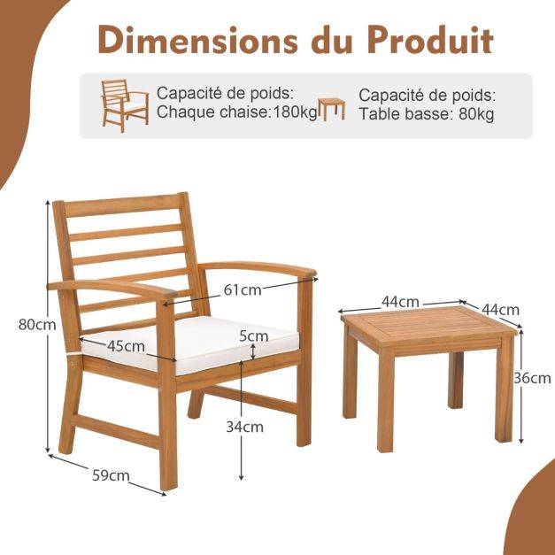 Helloshop26 - 3pcs salon de jardin en bois d'acacia 2 personnes conception à lattes coussins ensemble de table et 2 chaises blanc - Image 5