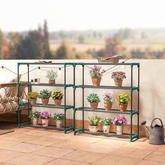 Ensemble de 2 supports à plantes d'intérieur et d'extérieur à 4 niveaux, étagères métalliques avec connecteurs, montage facile, vert - Image 4
