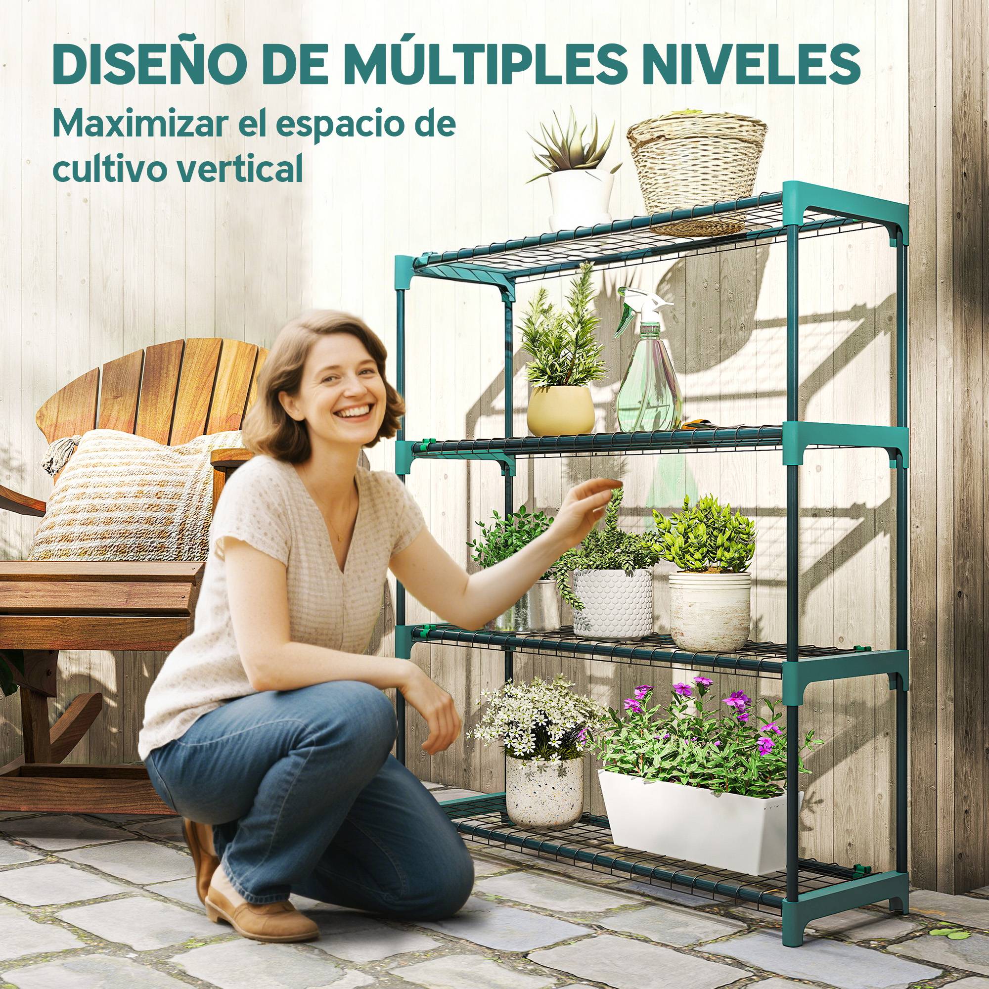 Ensemble de 2 supports à plantes d'intérieur et d'extérieur à 4 niveaux, étagères métalliques avec connecteurs, montage facile, vert - Image 6