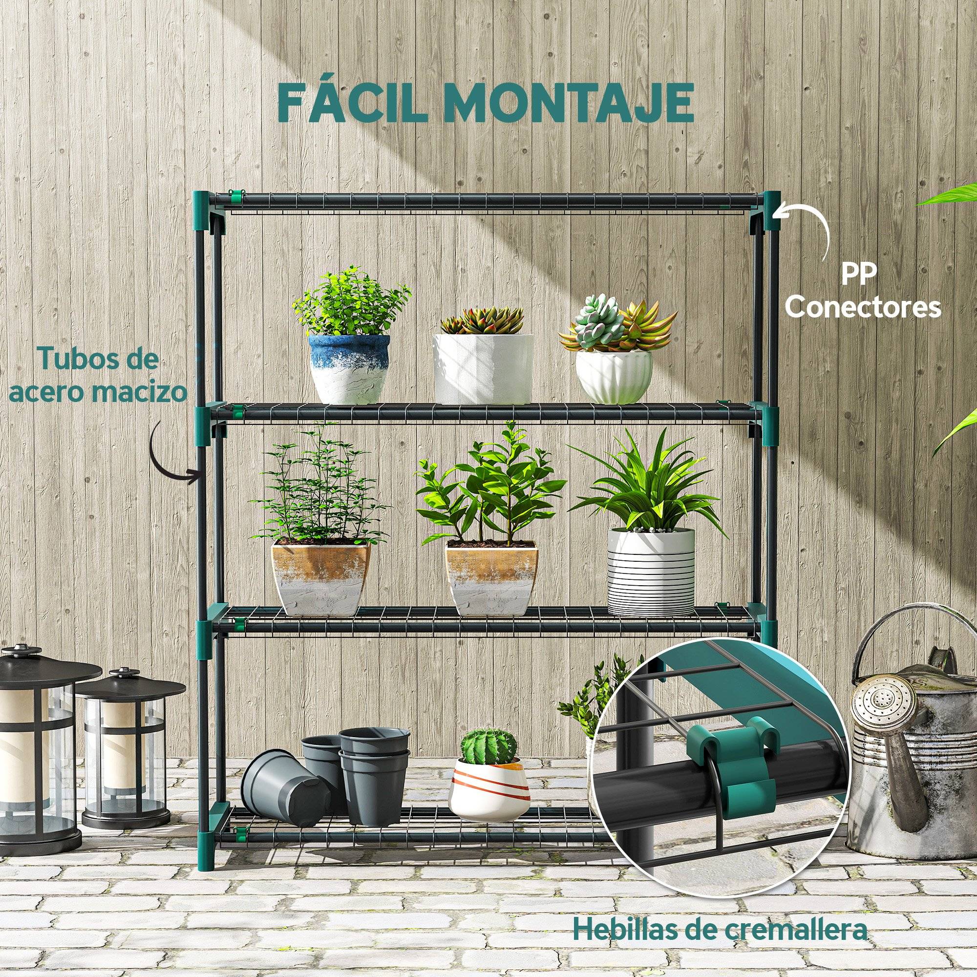 Ensemble de 2 supports à plantes d'intérieur et d'extérieur à 4 niveaux, étagères métalliques avec connecteurs, montage facile, vert - Image 8