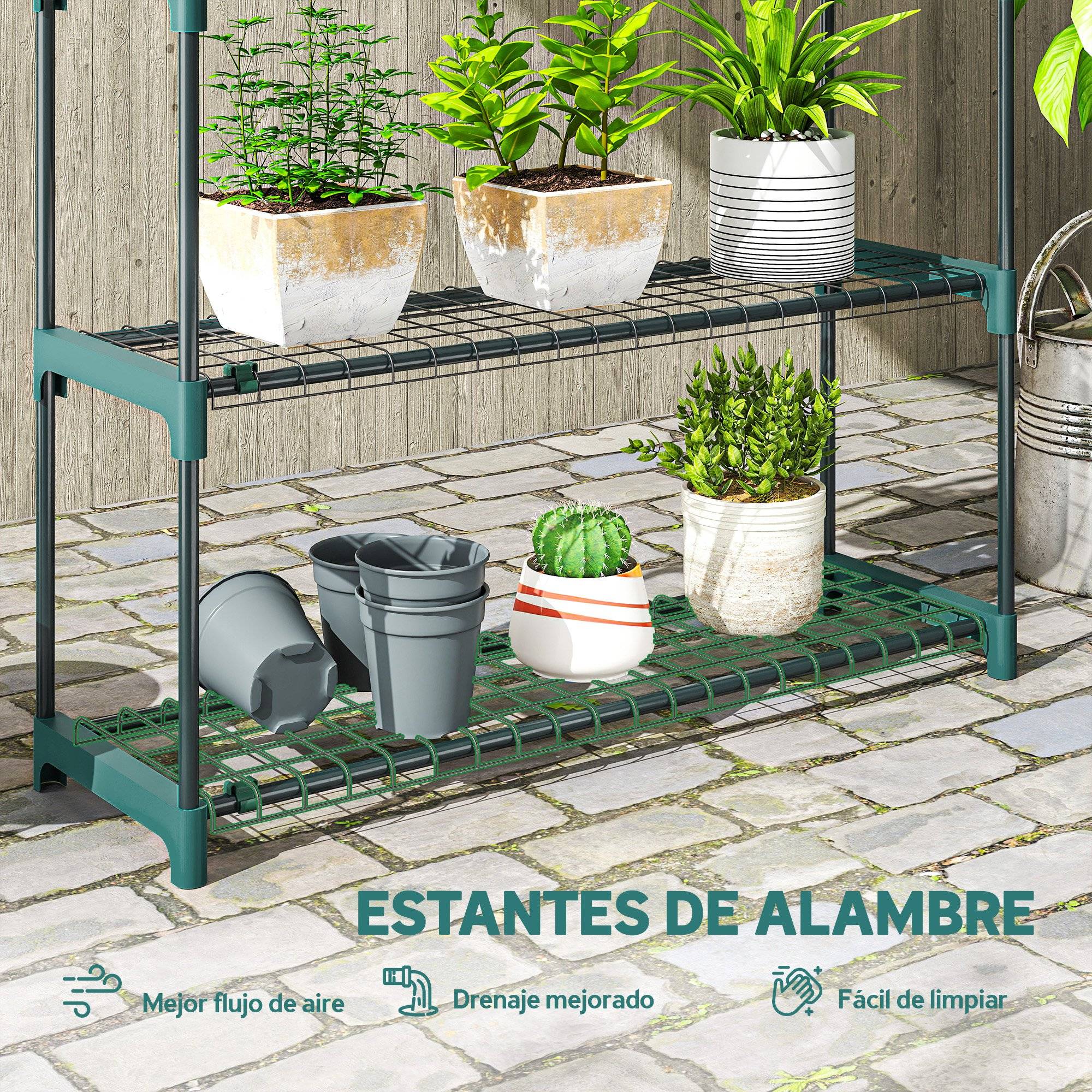Ensemble de 2 supports à plantes d'intérieur et d'extérieur à 4 niveaux, étagères métalliques avec connecteurs, montage facile, vert - Image 7