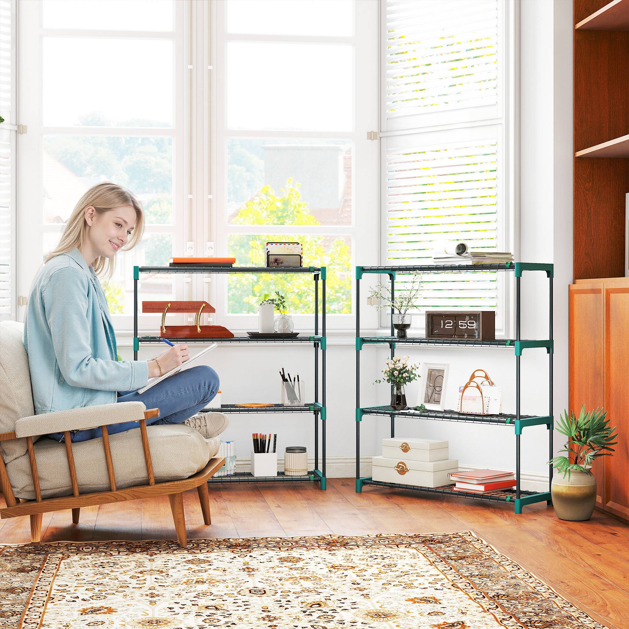 Ensemble de 2 supports à plantes d'intérieur et d'extérieur à 4 niveaux, étagères métalliques avec connecteurs, montage facile, vert - Image 9
