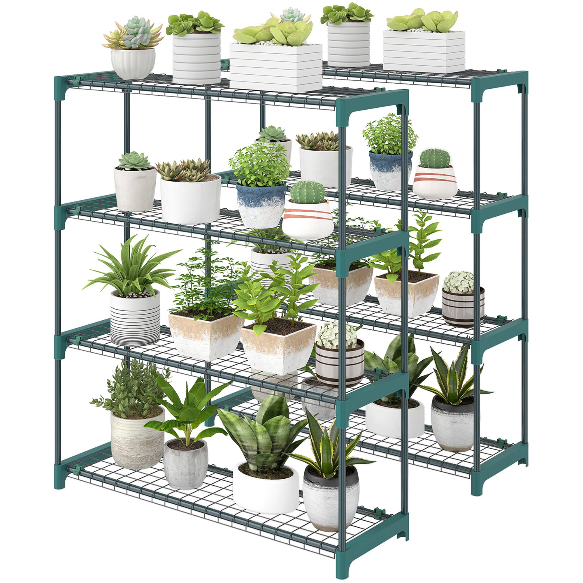 Ensemble de 2 supports à plantes d'intérieur et d'extérieur à 4 niveaux, étagères métalliques avec connecteurs, montage facile, vert - Image 2