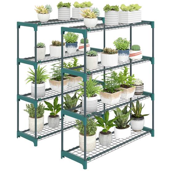 Ensemble de 2 supports à plantes d'intérieur et d'extérieur à 4 niveaux, étagères métalliques avec connecteurs, montage facile, vert - Image 1