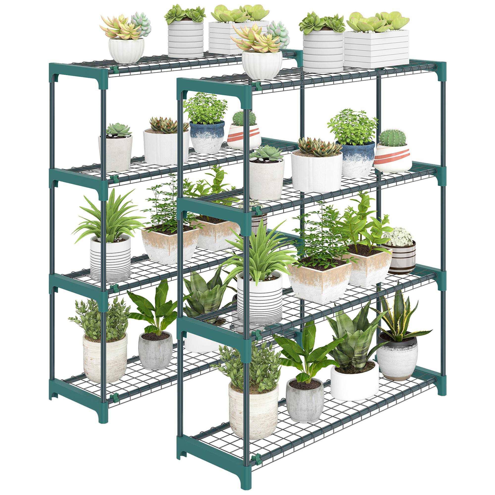 Ensemble de 2 supports à plantes d'intérieur et d'extérieur à 4 niveaux, étagères métalliques avec connecteurs, montage facile, vert - Image 1
