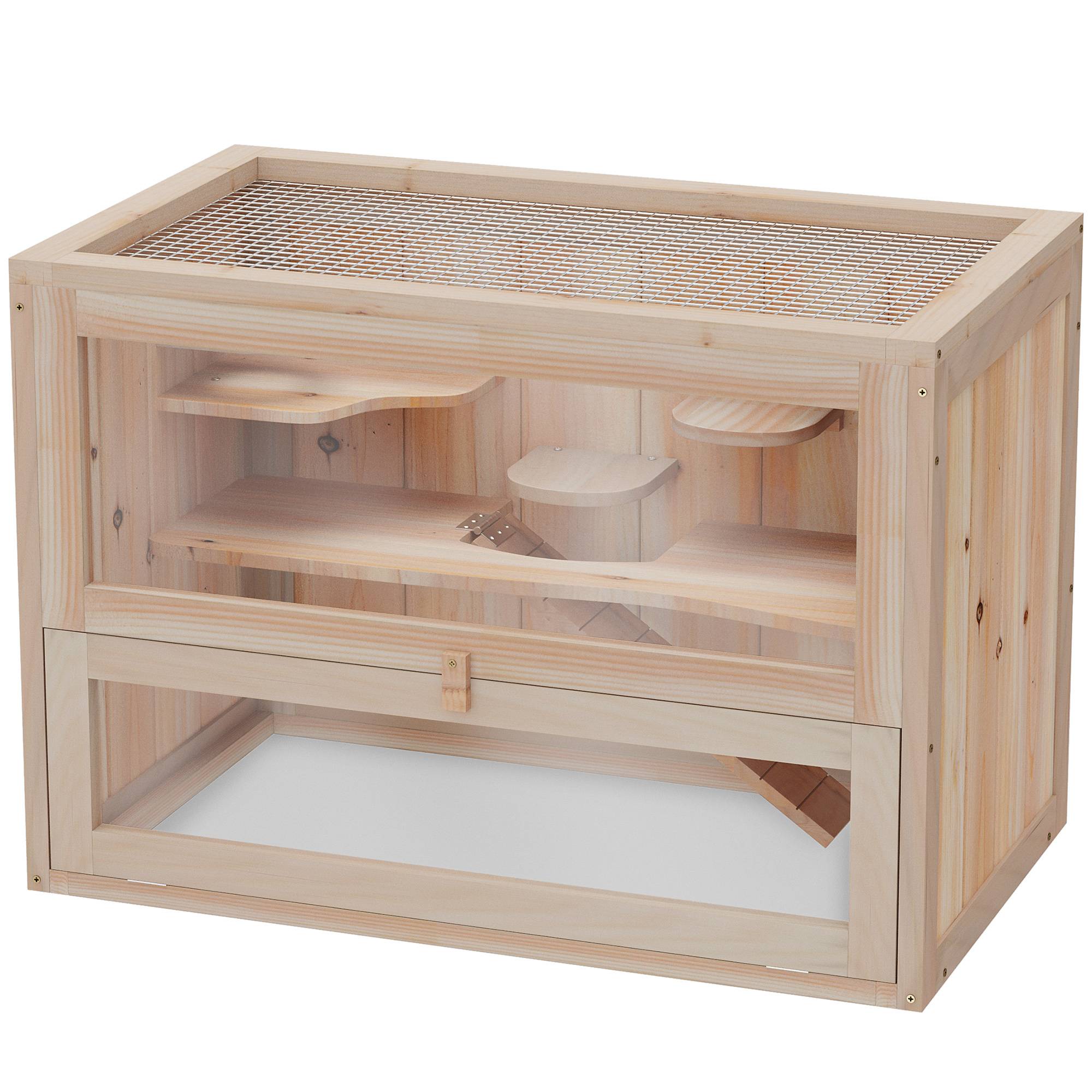 Cage à hamster en bois à 2 niveaux, petite maison pour animaux avec plateformes et échelles, 60 x 35 x 42 cm, bois naturel - Image 2