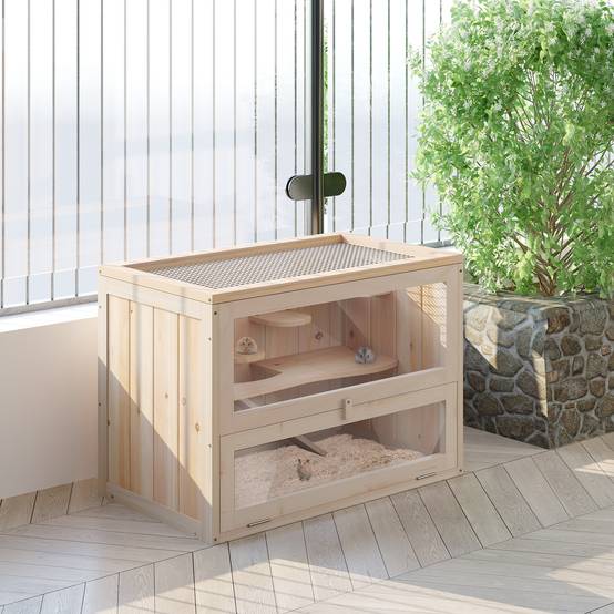 Cage à hamster en bois à 2 niveaux, petite maison pour animaux avec plateformes et échelles, 60 x 35 x 42 cm, bois naturel - Image 3