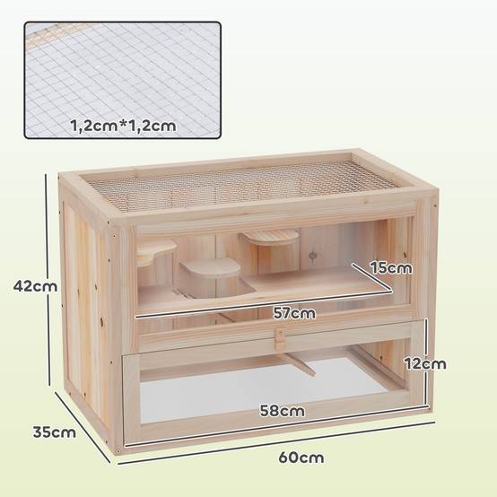 Cage à hamster en bois à 2 niveaux, petite maison pour animaux avec plateformes et échelles, 60 x 35 x 42 cm, bois naturel - Image 5