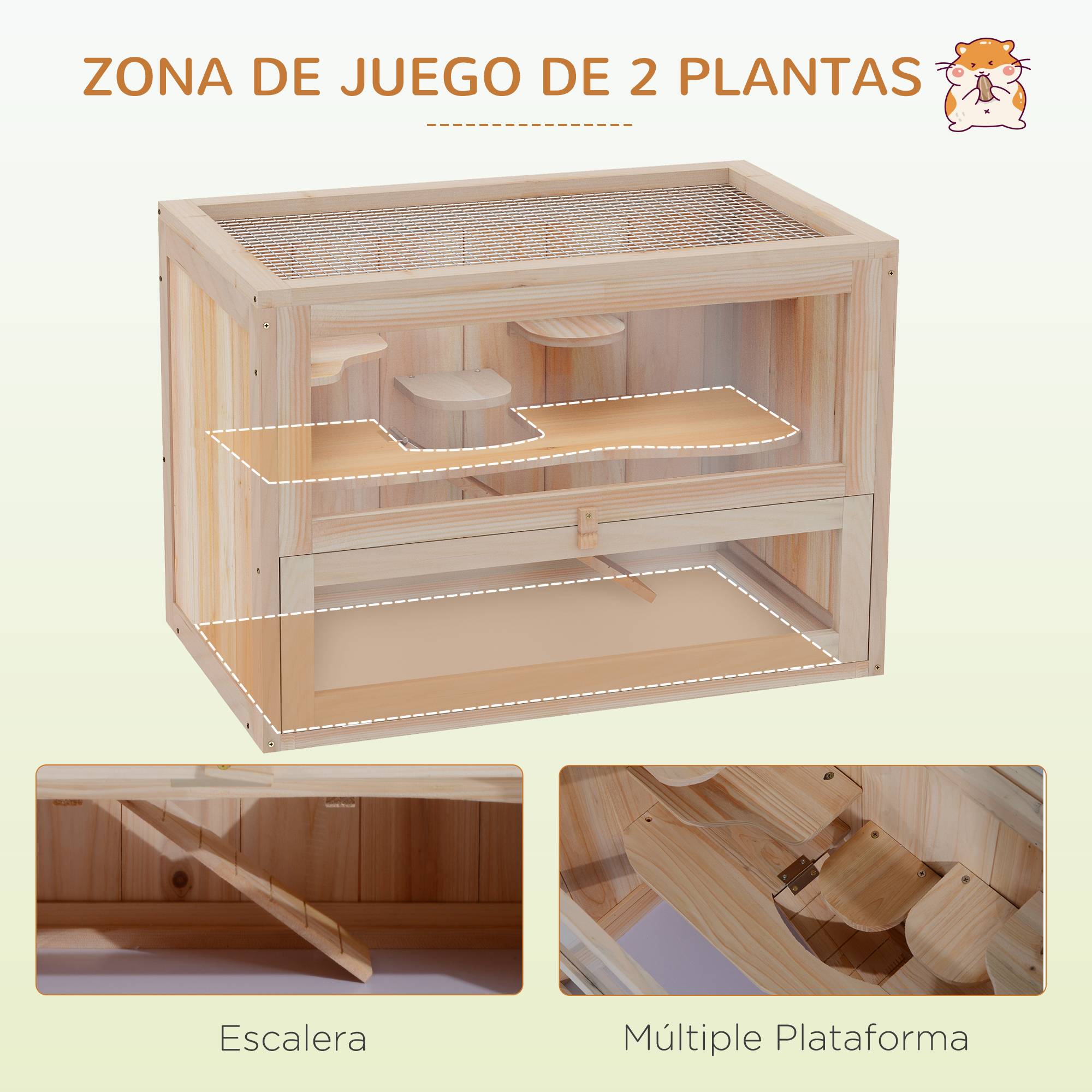 Cage à hamster en bois à 2 niveaux, petite maison pour animaux avec plateformes et échelles, 60 x 35 x 42 cm, bois naturel - Image 6