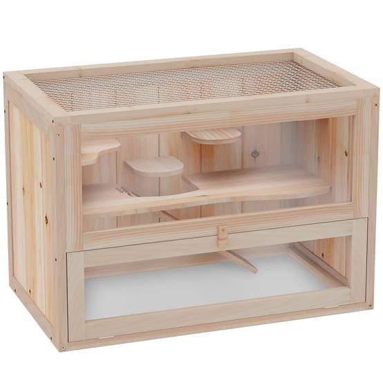 Cage à hamster en bois à 2 niveaux, petite maison pour animaux avec plateformes et échelles, 60 x 35 x 42 cm, bois naturel - Image 1