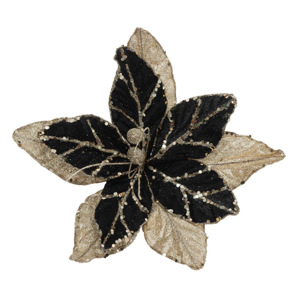 Fééric Lights & Christmas - Déco de Noël Fleur de Poinsettia velours Noir et Or pailleté 25 x 25 cm