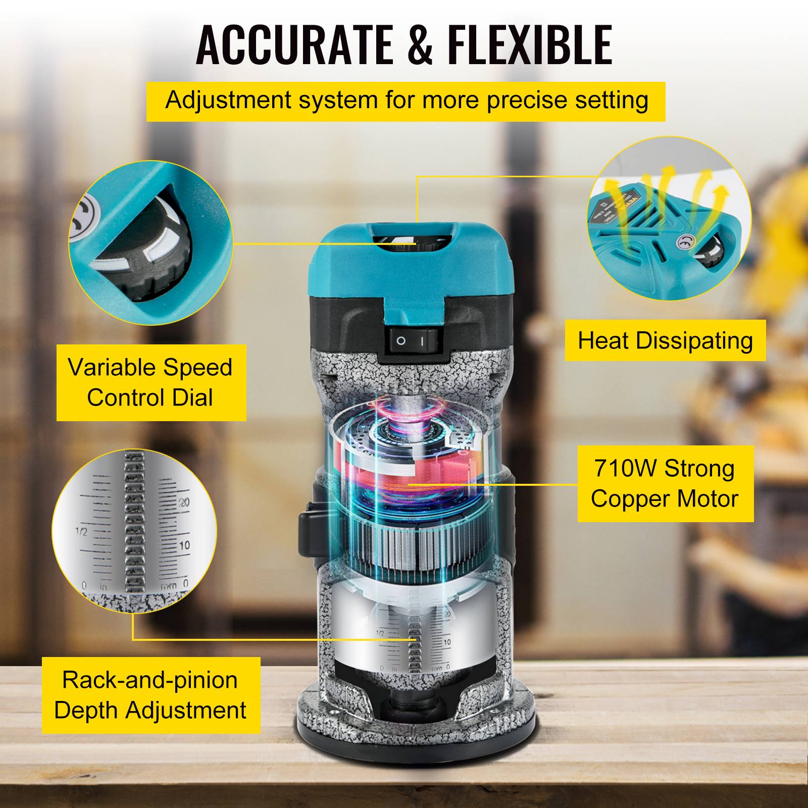 Vevor - VEVOR Défonceuse électrique 710W avec 3 bases, 13000-33000 tr/min, mèches 6+8mm, pour travail du bois. - Image 3