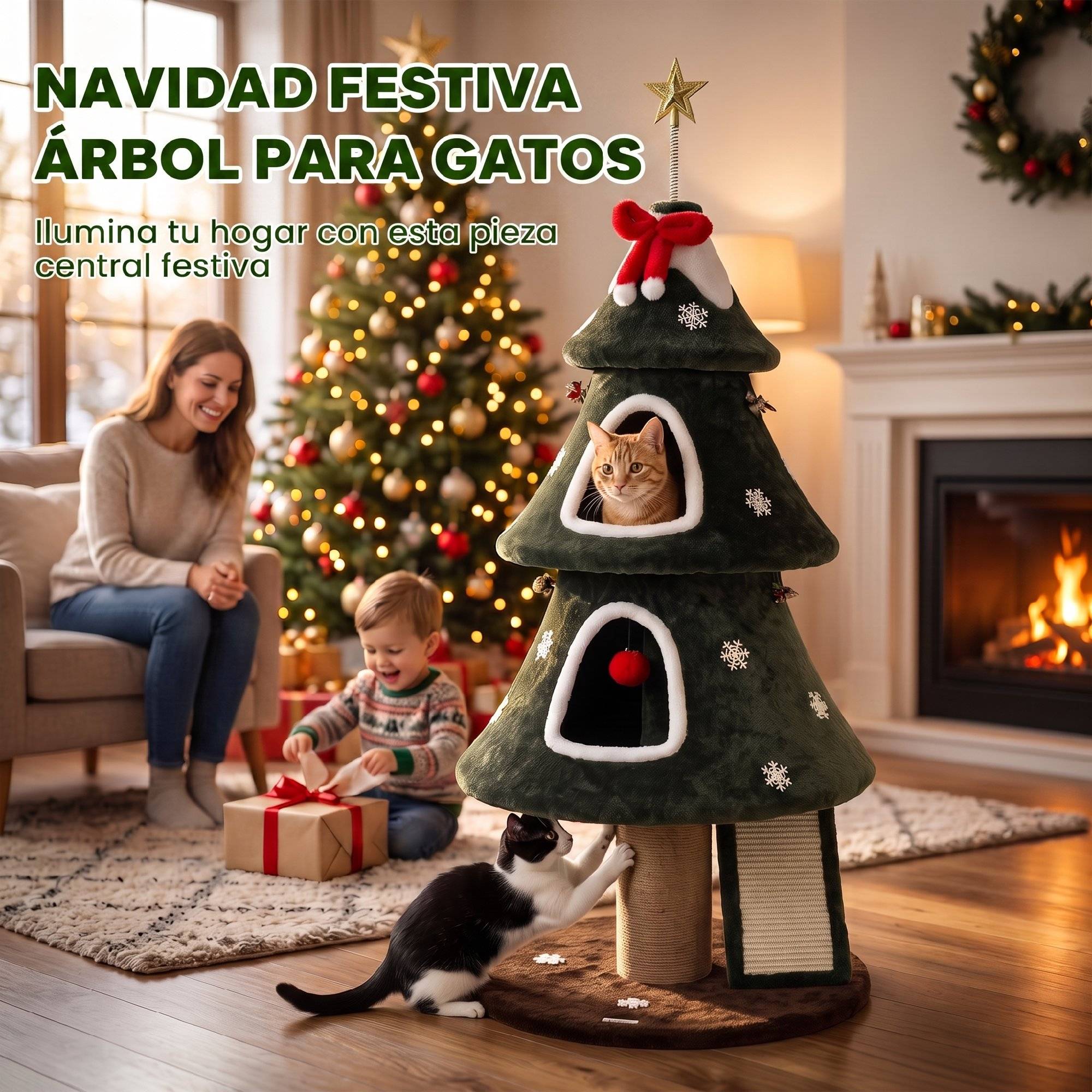 Sans Marque - Arbre Rascador pour Chats 132 cm Navidad Design Tour pour Chats en Felpa avec 2 Casitas Escalera de Sisal Vert - Image 5