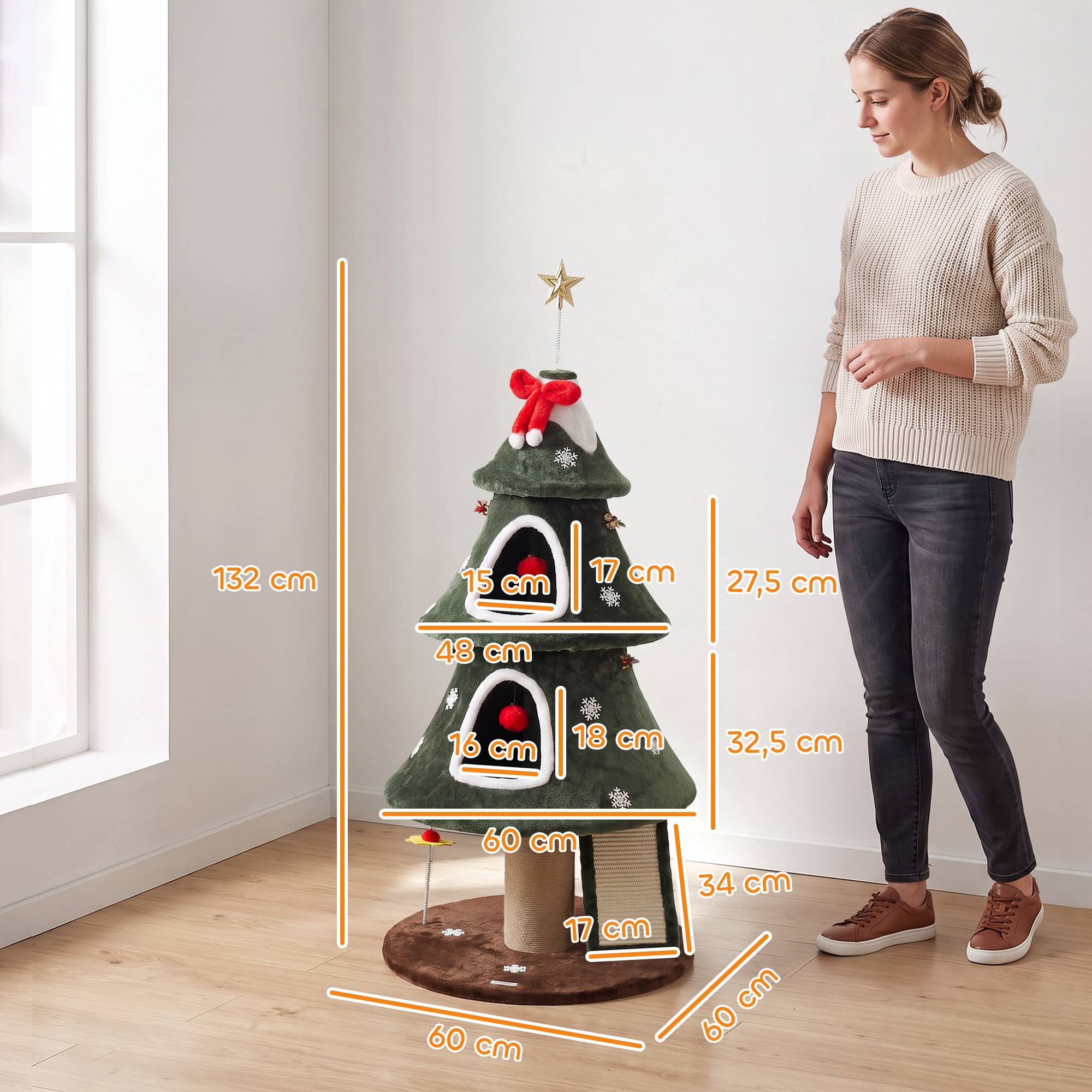 Sans Marque - Arbre Rascador pour Chats 132 cm Navidad Design Tour pour Chats en Felpa avec 2 Casitas Escalera de Sisal Vert - Image 4