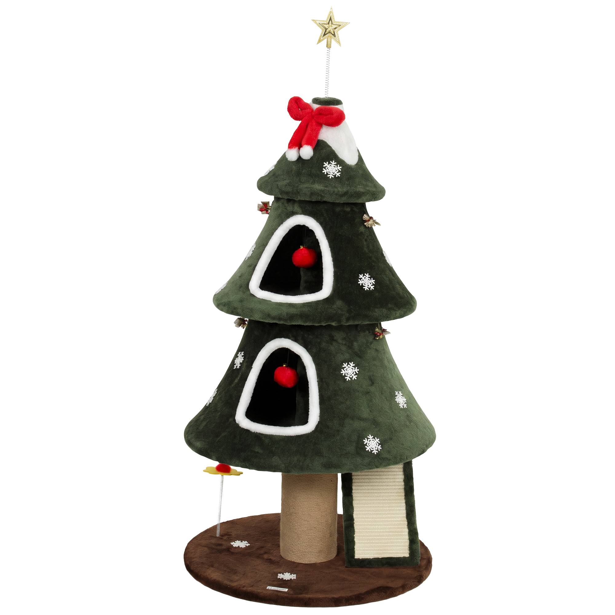 Sans Marque - Arbre Rascador pour Chats 132 cm Navidad Design Tour pour Chats en Felpa avec 2 Casitas Escalera de Sisal Vert - Image 1